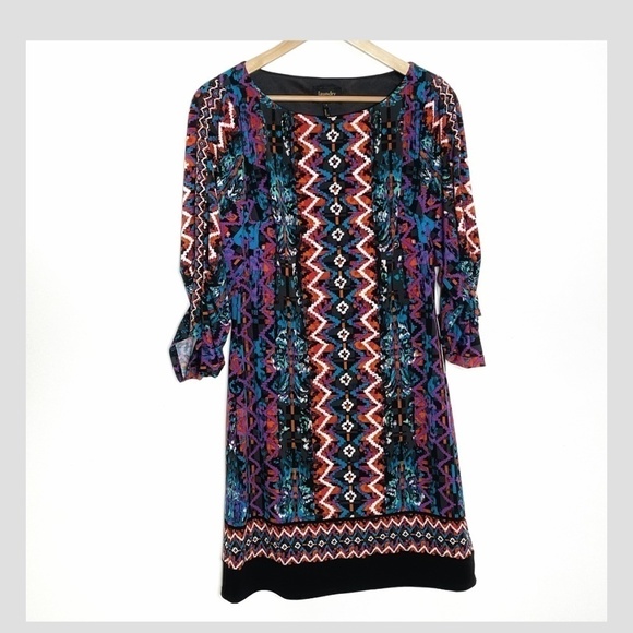 NWT Laundry Shift Dress Blue Jewel Multi Print Ruched 3/4 Sleeves Size 4 - Picture 8 of 10